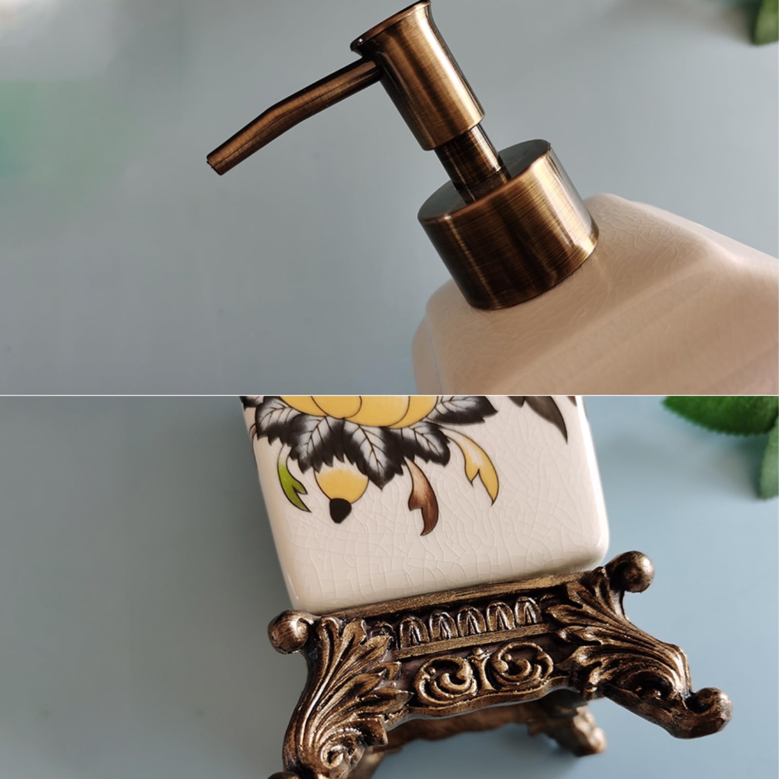 Ceramiczny dozownik balsamu, dozownik odżywki do szamponu, mydło do mycia ciała, spersonalizowane butelki z dozownikiem, do blatu łazienkowego (biały kwiatowy)