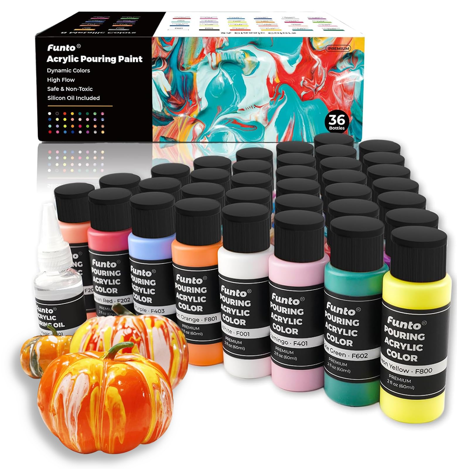 Funto Acrylic Pouring Paint Set, 36 Bottles, with Silicone Oil, High Flow, Pre-Mixed, Art Supplies for Pouring on Canvas, Glass, Wood, Tile, Rocks
