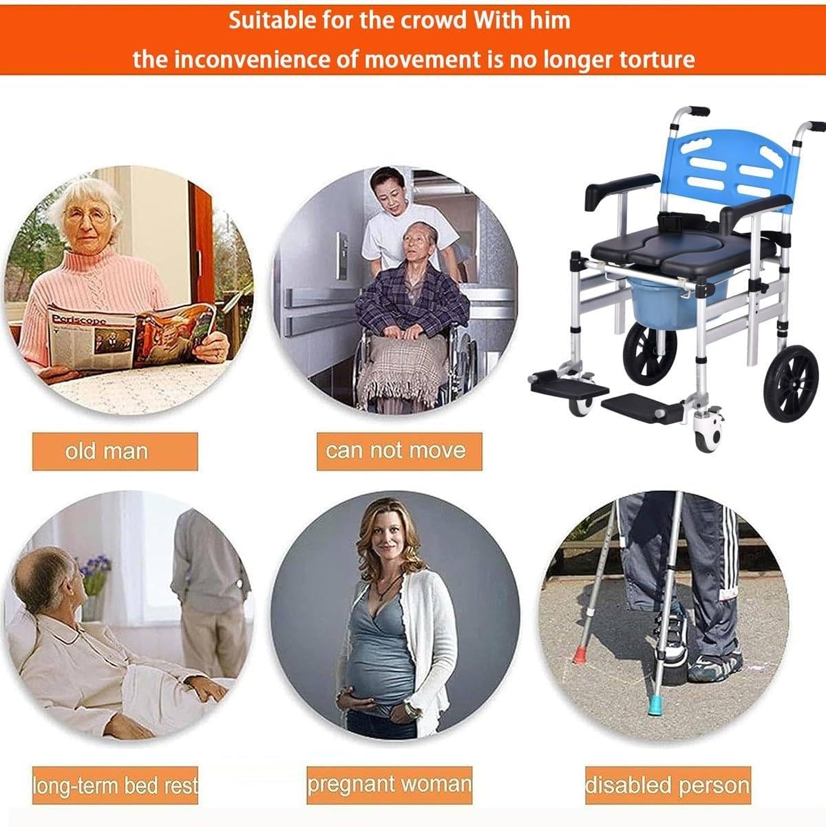 Składane krzesło komodowe z kółkami, mobilny stołek toaletowy i prysznicowy z podłokietnikami, ergonomiczne siedzisko i wysuwane wiadro z pokrywką