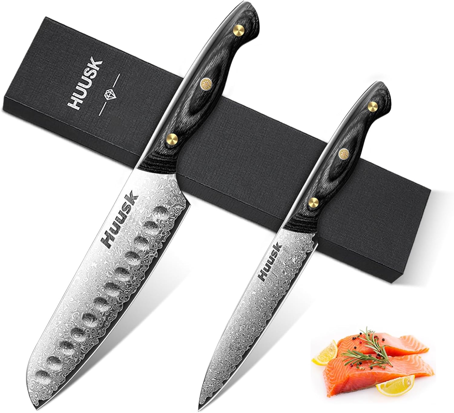 Huusk Damascus Santoku Knife 7 inch, Japanes VG10 Small Chef Knife 5 inch with Ergonomic Wooden Handle,Chef Knives for Home Use,Meat Vegetables Fish Knives