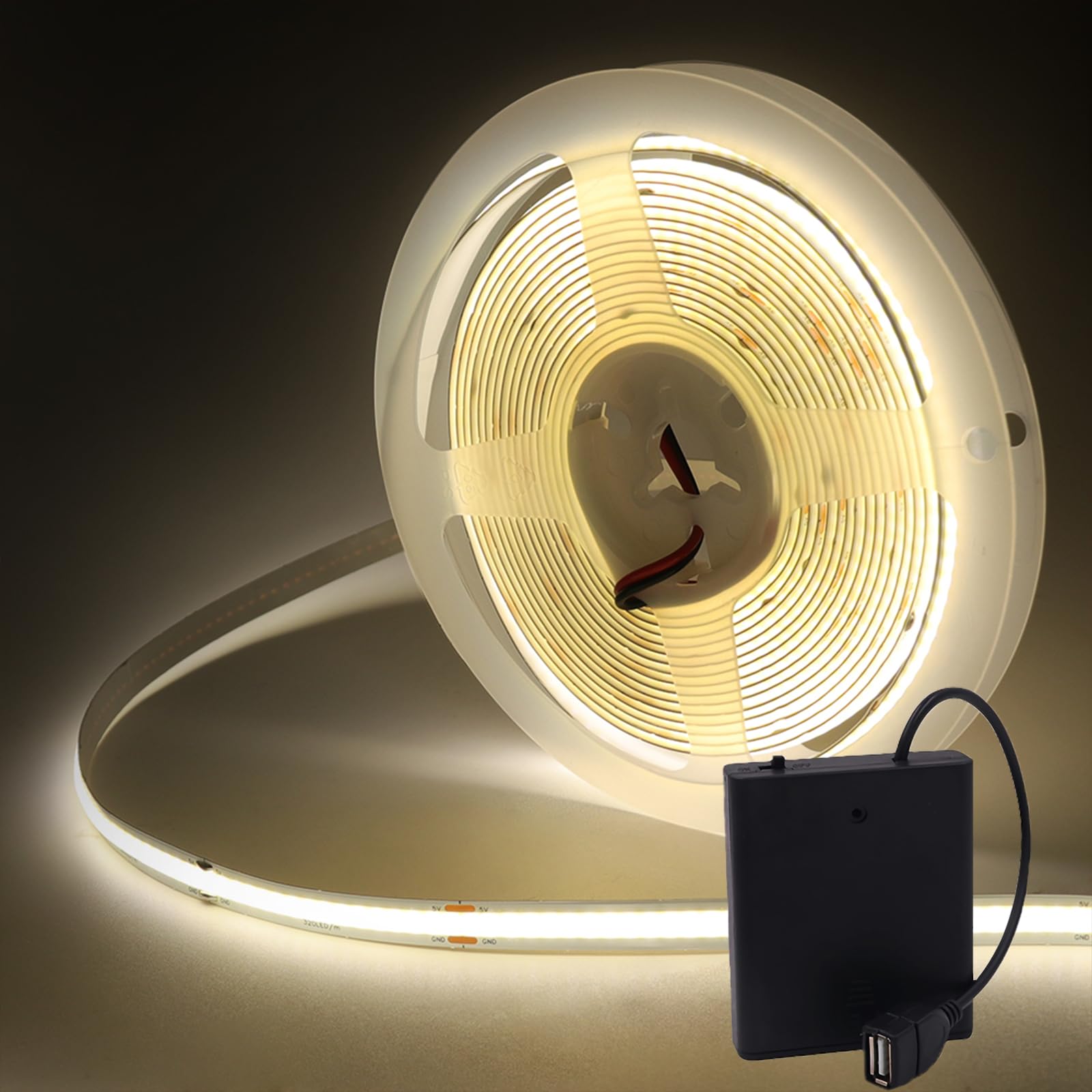 MIGUDA COB LED Strip Light, Ultra-Bright Self-Adhesive Tape, 320 LEDs/m Flexible LED Band with USB 4AA Battery Box for Christmas Decor (Batteries not Included) (5M, Natural White)