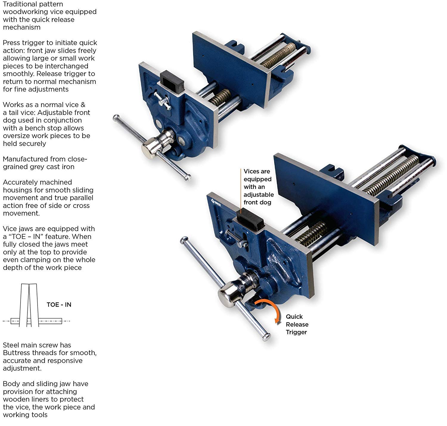 GROZ 7-inch Quick Release Woodworking Vise | Cast Iron | “Toe-in Feature (39007) Jaw Width - 7", Jaw Opening - 8"