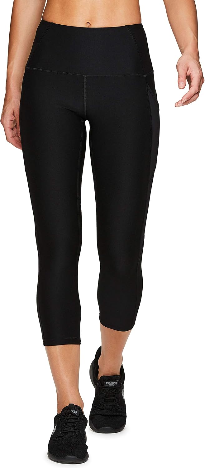 RBX Active Women's Athletic Fashion High Waist Solid Running Workout Capri Length Yoga Leggings