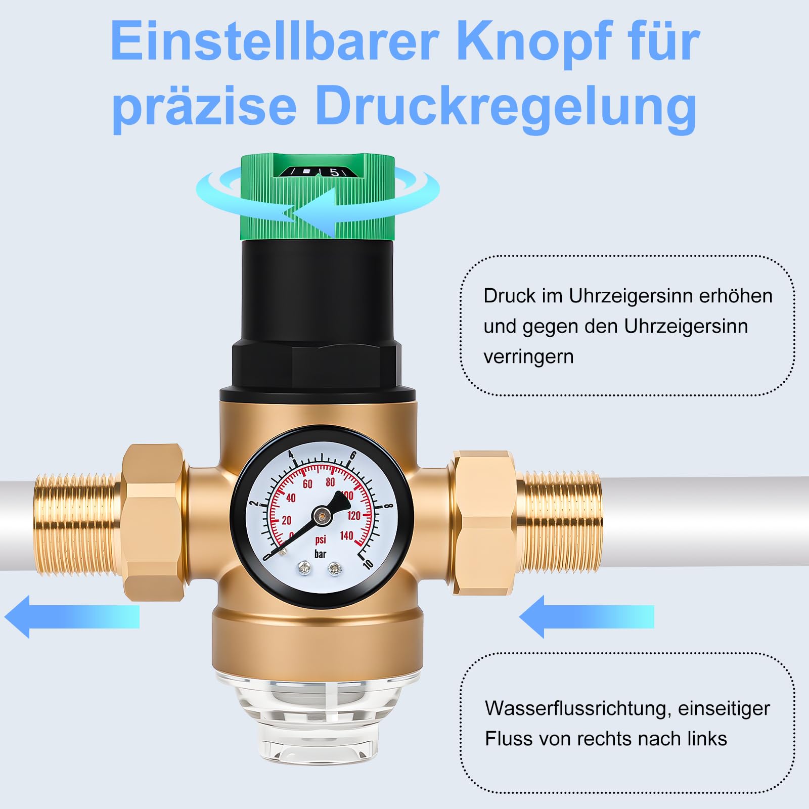 Diealles Shine Druckminderer Wasser 3/4 zoll, Druckregler Wasser mit Manometer und Siebfilter, Druckminderventil Druckregler Messing für Häuser Gebäude Fabriken