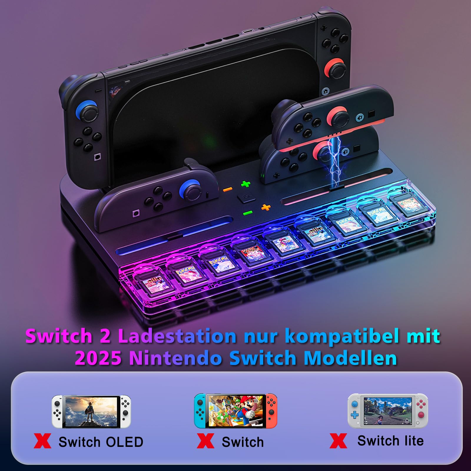 Switch Ladestation mit 7 RGB-Lichteffekten, 4 Joy-Con Schnellladung & 9 Spielkartenaufbewahrung, Universelles Zubehör für Switch Konsole