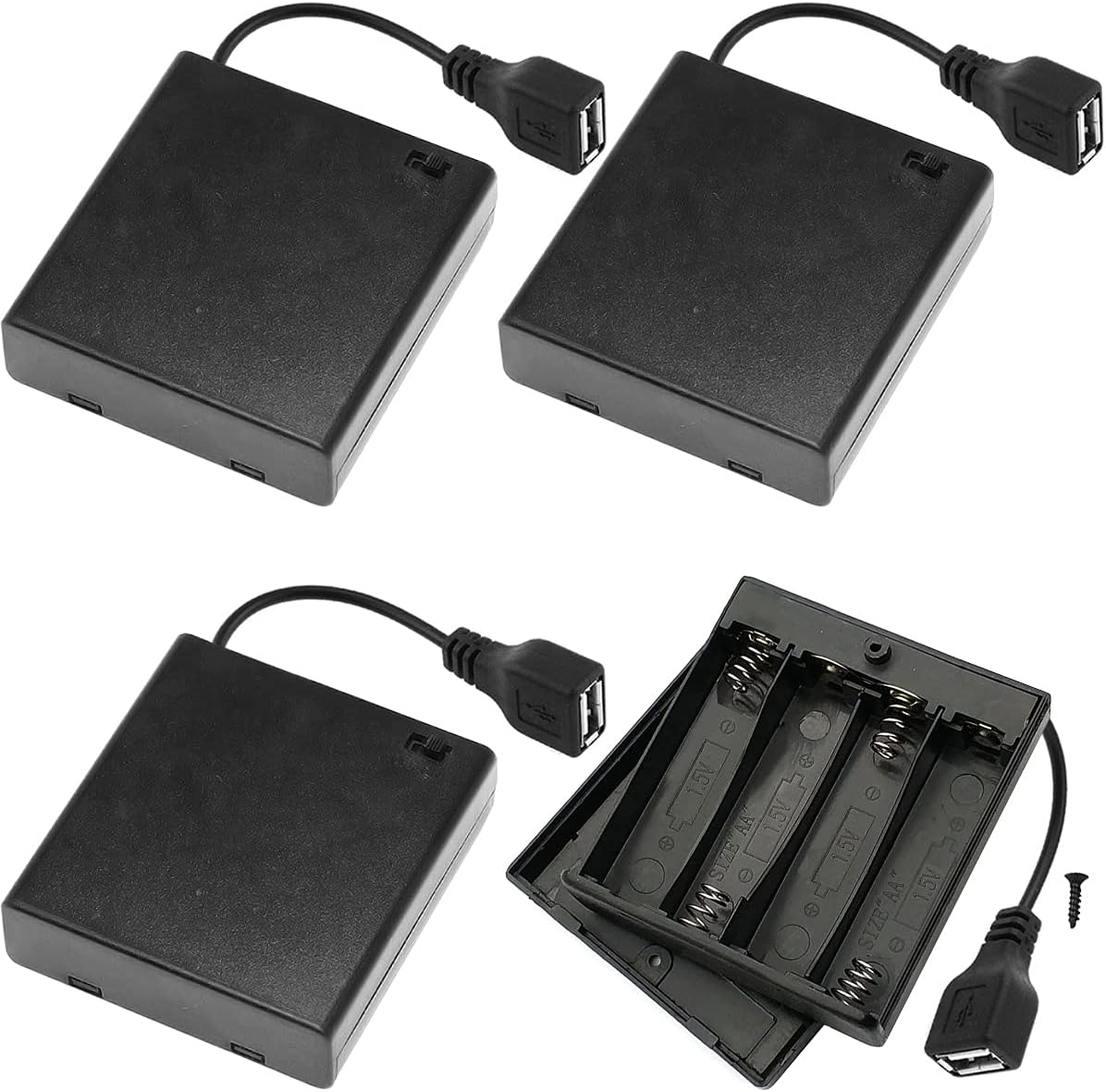 4 PCS 4 AA Battery Holder USB Switch, 6V USB Female Socket, 4 x 1.5V AA Battery Case Box Holder On/Off Switch for RC Cars LED Light