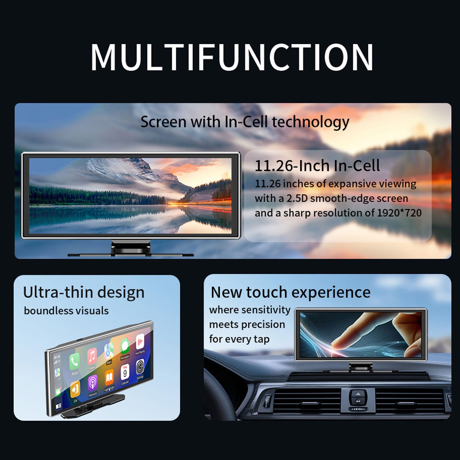 Pantalla IPS de 11,26 Pulgadas, Diseño de Panel Curvo 2.5D Bluetooth 5.0 y Transmisor FM con Altavoz Incorporado, Adecuado para Automóviles, Camiones y Remolques Soporte