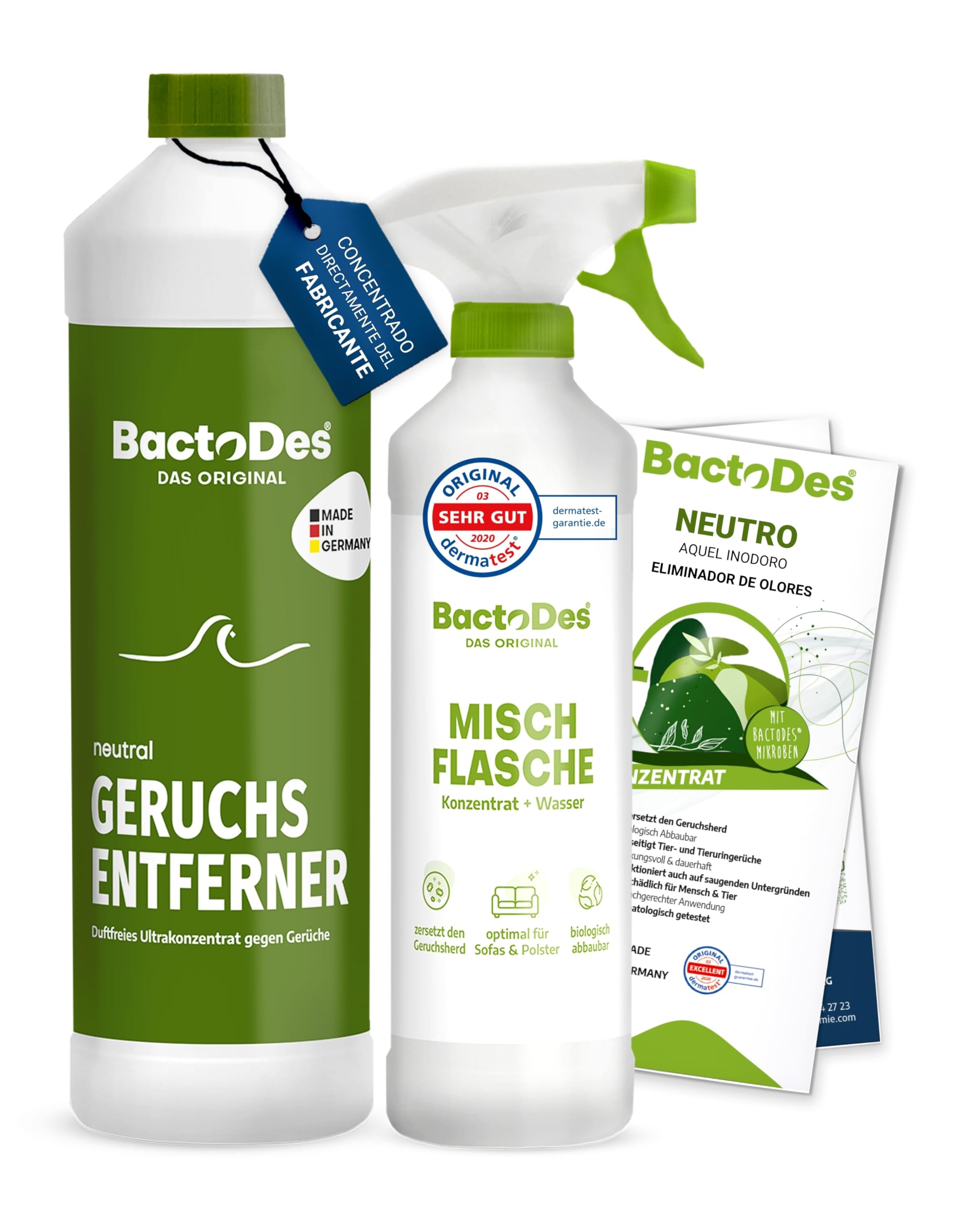 BactoDes Neutral Geruchsneutralisierer 1L I Geruchloser Enzymreiniger mit biologischer Mikrobenkraft & Tiefenwirkung inkl. Spray-Mischflasche I Effektiver Geruchsentferner für Haus, Auto & Textilien