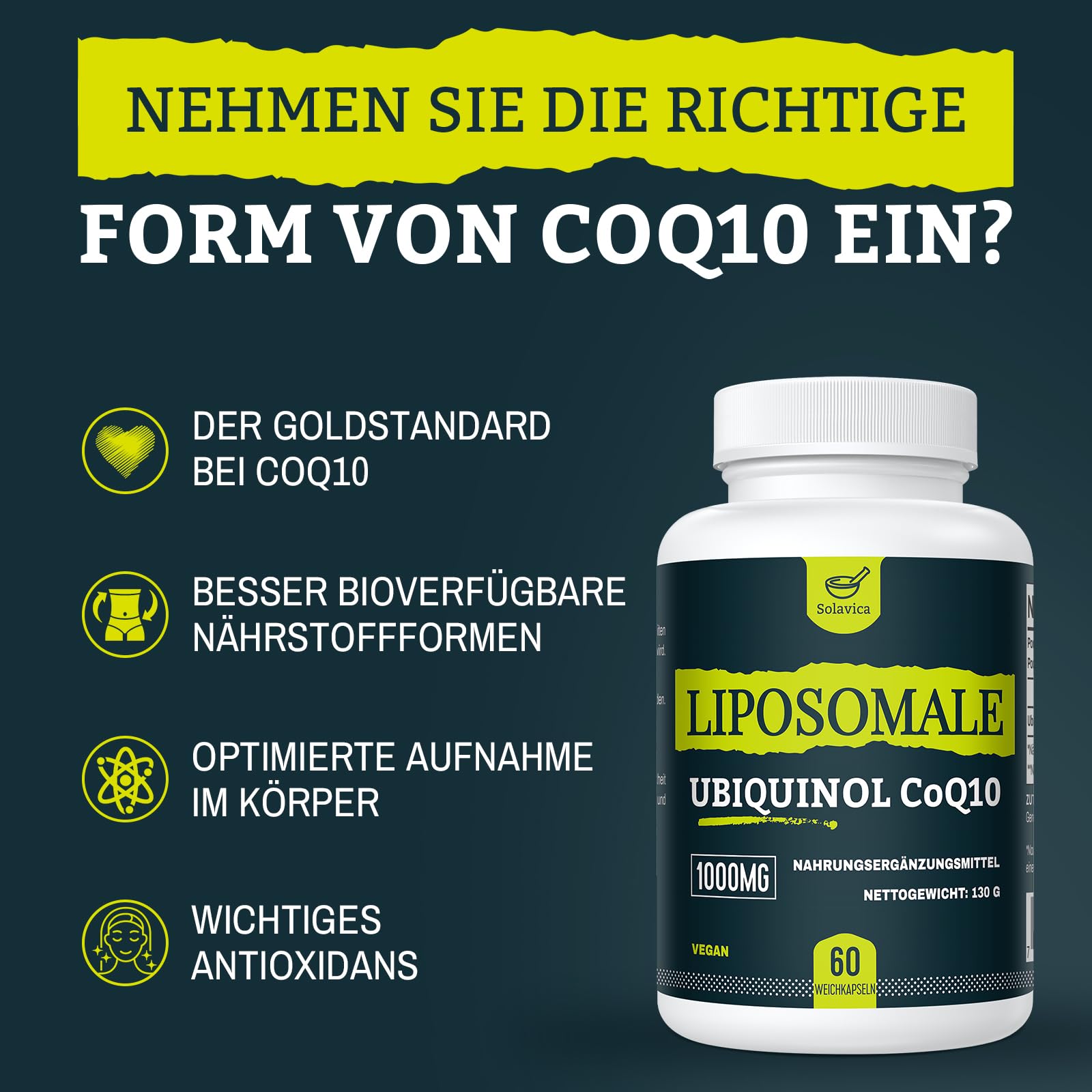 Ubiquinol CoQ10 Liposomal 1000 mg – Coenzyme Q10 vegan hautement dosé avec phosphatidylcholine pour une absorption optimale – Complément alimentaire premium (60 unité (Lot de 1))