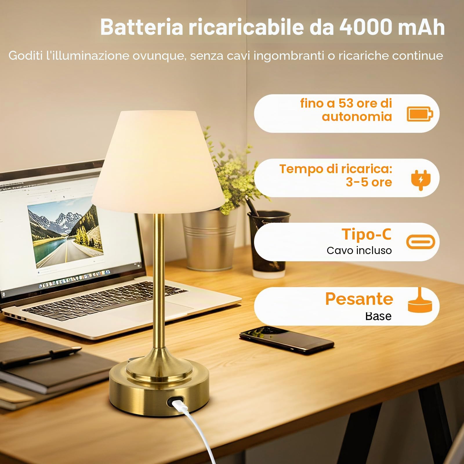 OUTON 2 Pezzi Lampada da Tavolo Ricaricabile e Senza Fili, Oro | Controllo Touch, Ricaricabili, Dimmerabili, USB-C, 3 Temperature, Impermeabile IP54, 53h Autonomia, Camera e Esterno