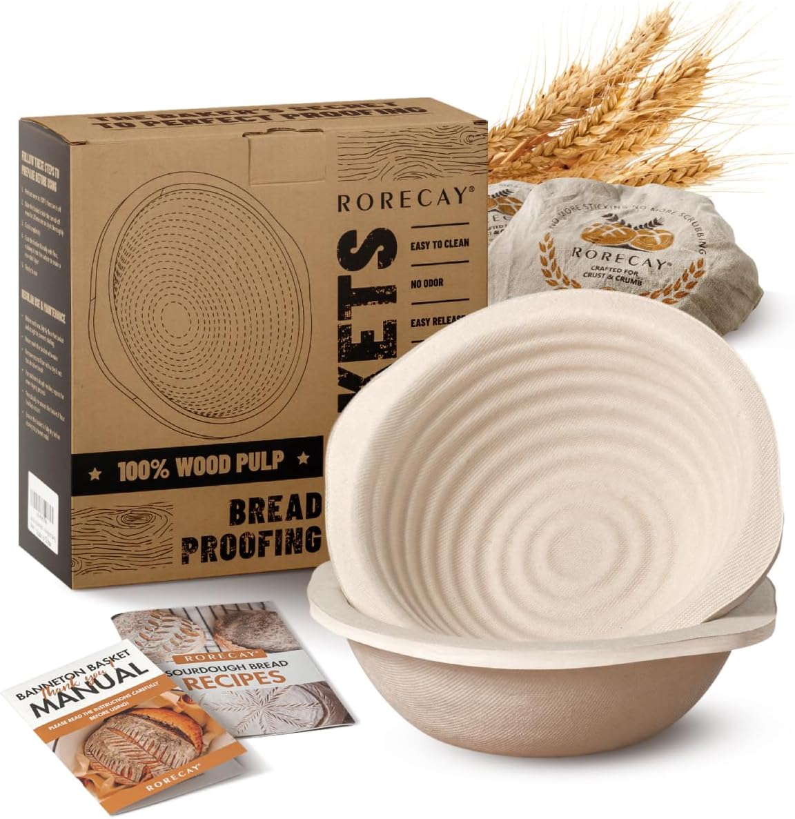 Wood Pulp Banneton Bread Proofing Baskets Set of 2, 7 Inch Round 1.1LB Sourdough Banneton Basket with Liner, Non-Stick Dough Proofing Bowl for Rising and Baking