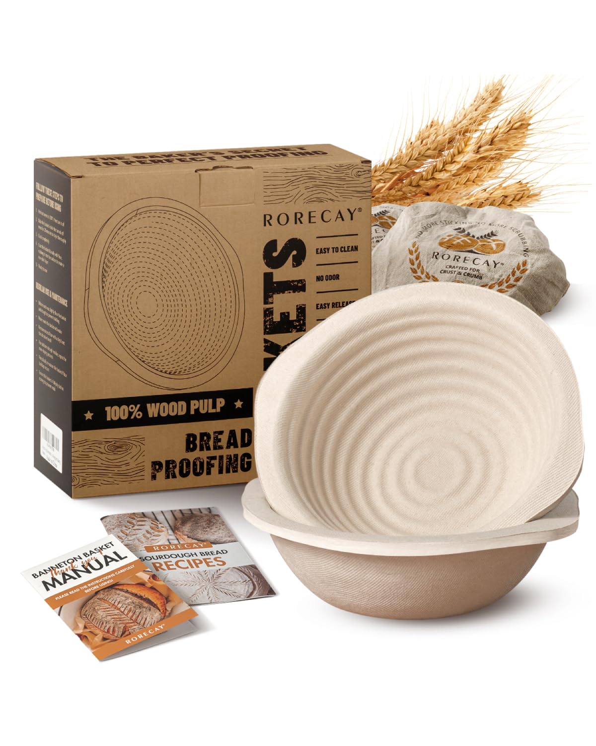Wood Pulp Banneton Bread Proofing Baskets Set of 2, 7 Inch Round 1.1LB Sourdough Banneton Basket with Liner, Non-Stick Dough Proofing Bowl for Rising and Baking