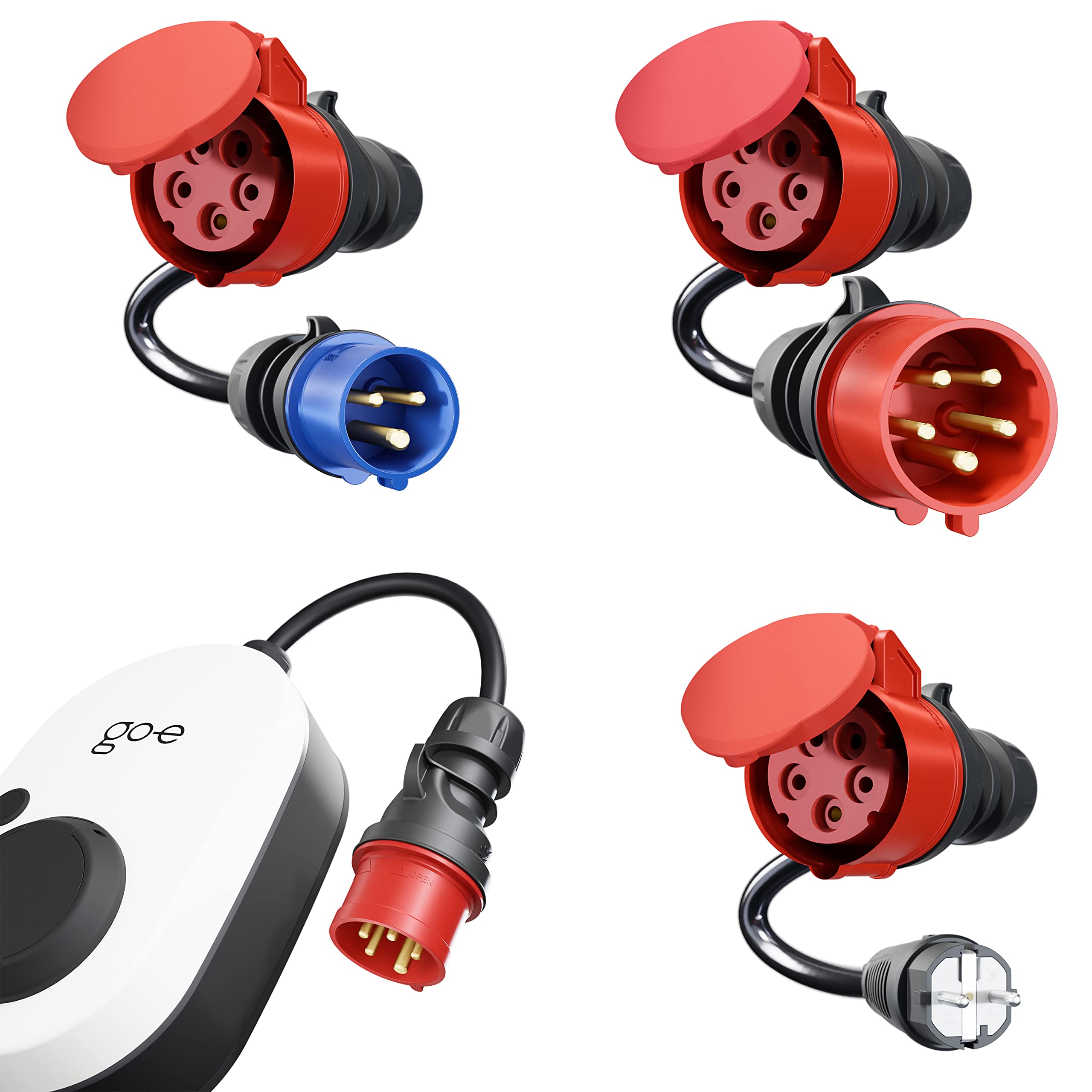 go-e Set di adattatori per la Stazione di Ricarica Gemini Flex 11 kW alla Presa CEE Rossa 32A / CEE Blu 16 A e Presa Domestica 230V