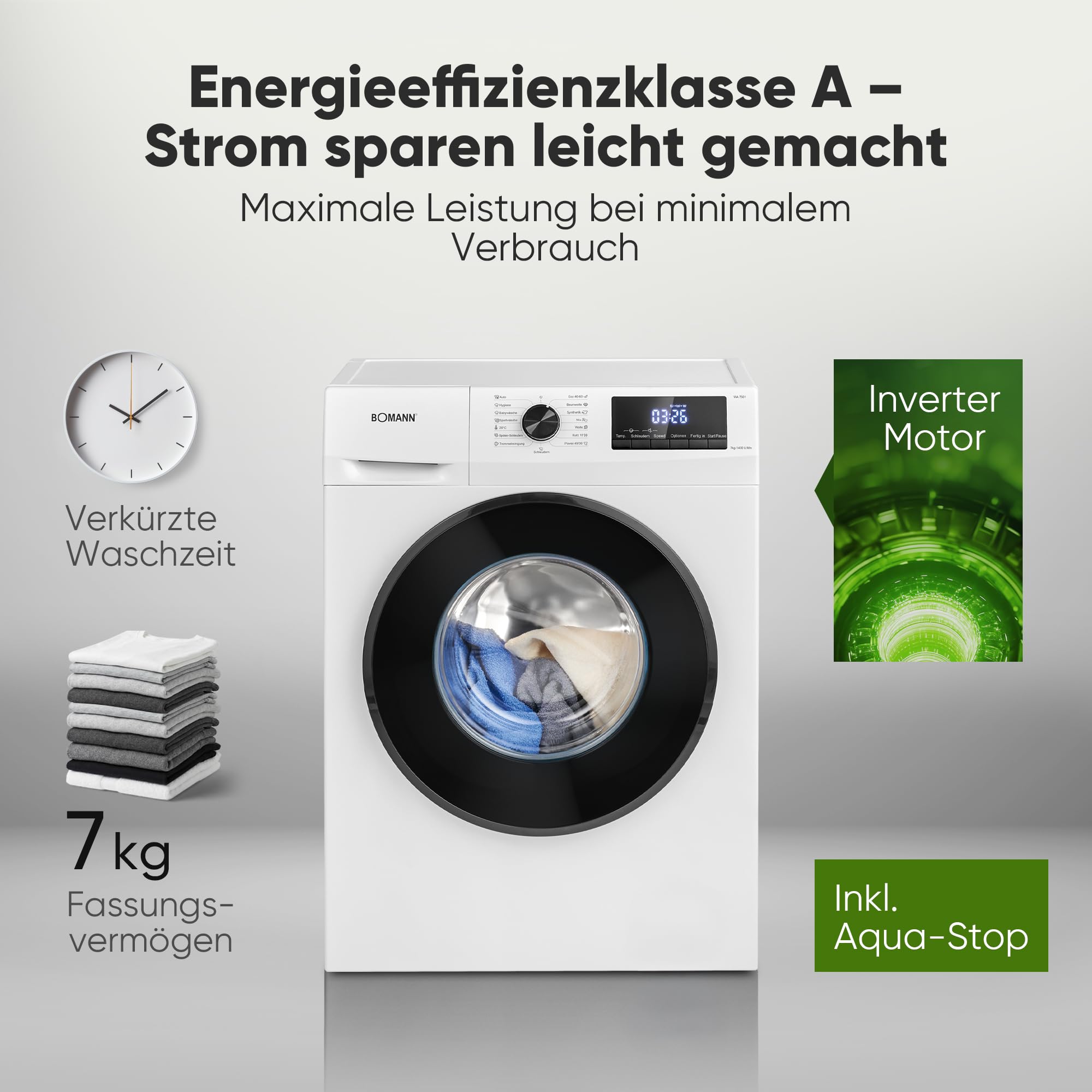 Bomann® Waschmaschine 7kg | 10 Jahre Motor-Garantie | Invertermotor - effizient, leise & langlebig | inkl. Aqua-Stop | max. 1400 U/min | 15 Programme | LED-Display | Washing Machine | WA 7501 weiß