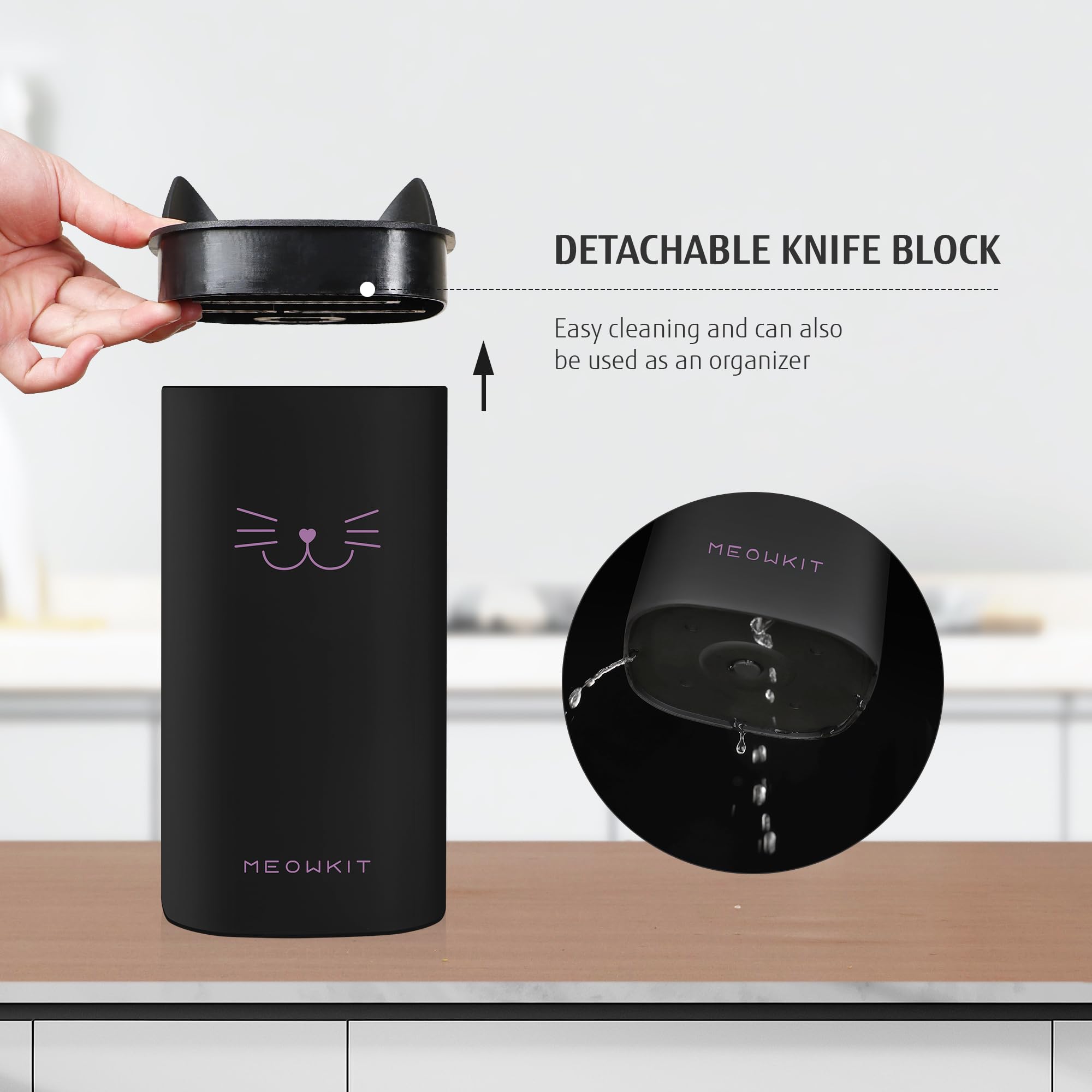 Bloc de Couteaux de Cuisine 5 Pièces, Set de Couteaux Professionnels en Acier Inox avec Ciseaux, Design Patte de Chat, Noir et Rose, Décoration de Cuisine Moderne