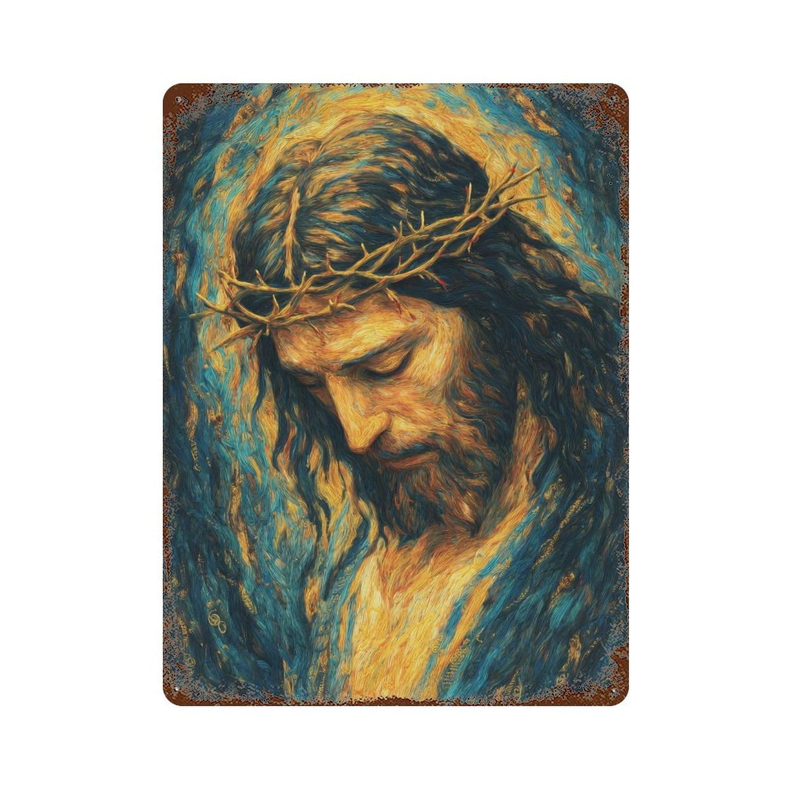 Rusty Metal Tin Sign with Jesus Christ Crown of Thorns Art Print -2 Design 15.7"x11.8", for Farmhouse, Kitchen And Entryway Decor, Rustic Home Decor