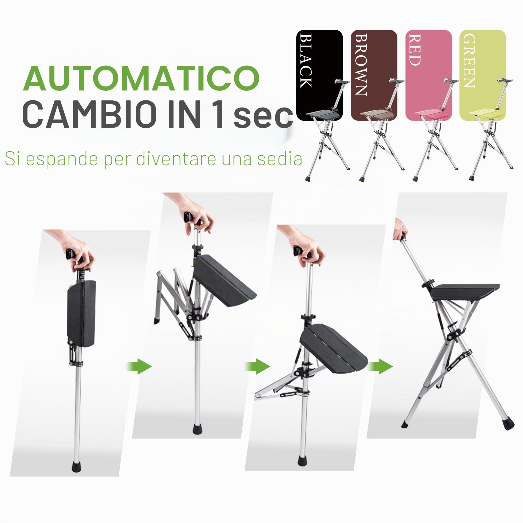 STEP2GOLD Ta-Da Chair - Bastone da passeggio con seduta, telaio in alluminio ultraleggero e robusto sgabello pieghevole (fino a 110 kg), design pieghevole, ideale per viaggi e visite turistiche