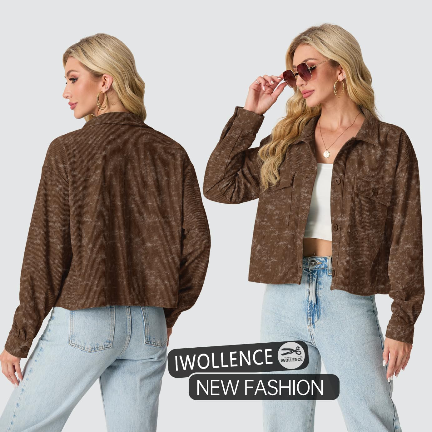 IWOLLENCE Women's Cropped Shacket Jacket Fashion Button Down Corduroy Shacket Jackets Casual Crop Shirts Fall Coat Tops - Image 5