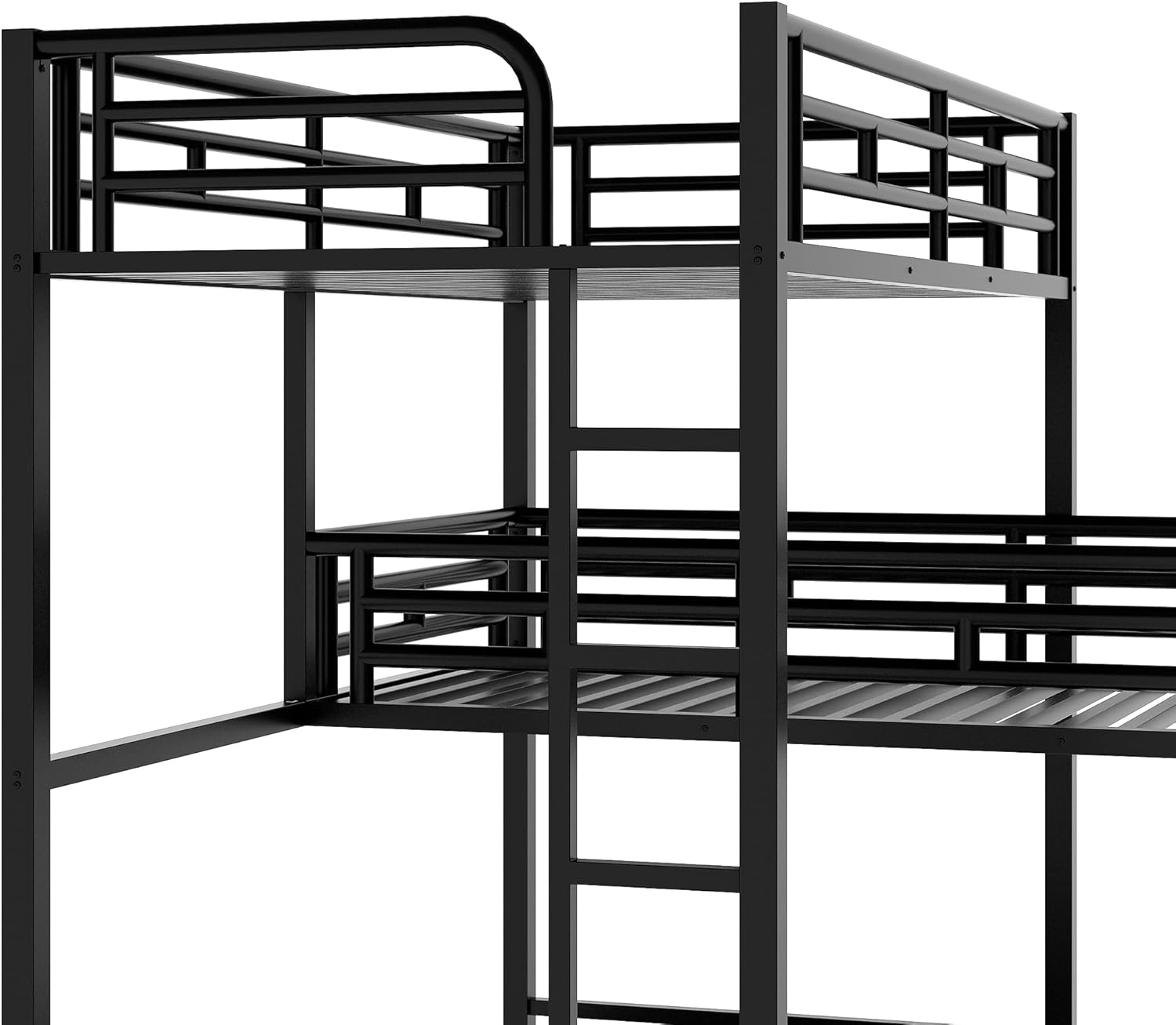 MERITLINE Metal Triple Bunk Bed for Kids, L-Shaped Twin Over Twin & Twin Bunk Bed Frame, 3 in 1 Bed Bunk Beds with Guardrails and Ladders for Teens Adults, Black