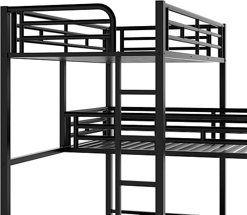 Miniatura 7 de MERITLINE Litera triple de metal para niños, en forma de L, marco de litera individual sobre individual e individual, literas 3 en 1 con barandillas