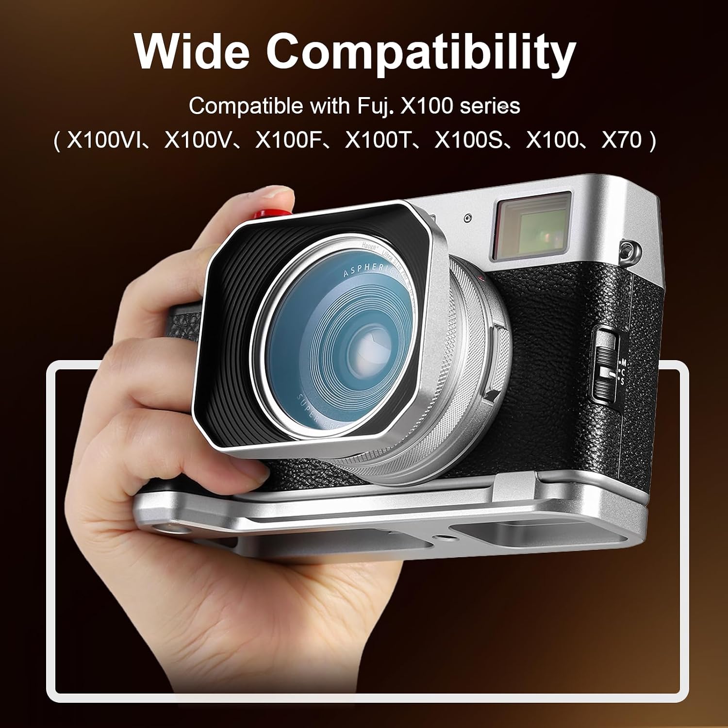 Haoge Square Metal Lens Hood for Fujifilm X100VI Fuji X100V X100F X100T X100S X70 Fuji Photo Camera Accessories Silver with 49mm Uv Filter Adapter Ring LH-X1006S