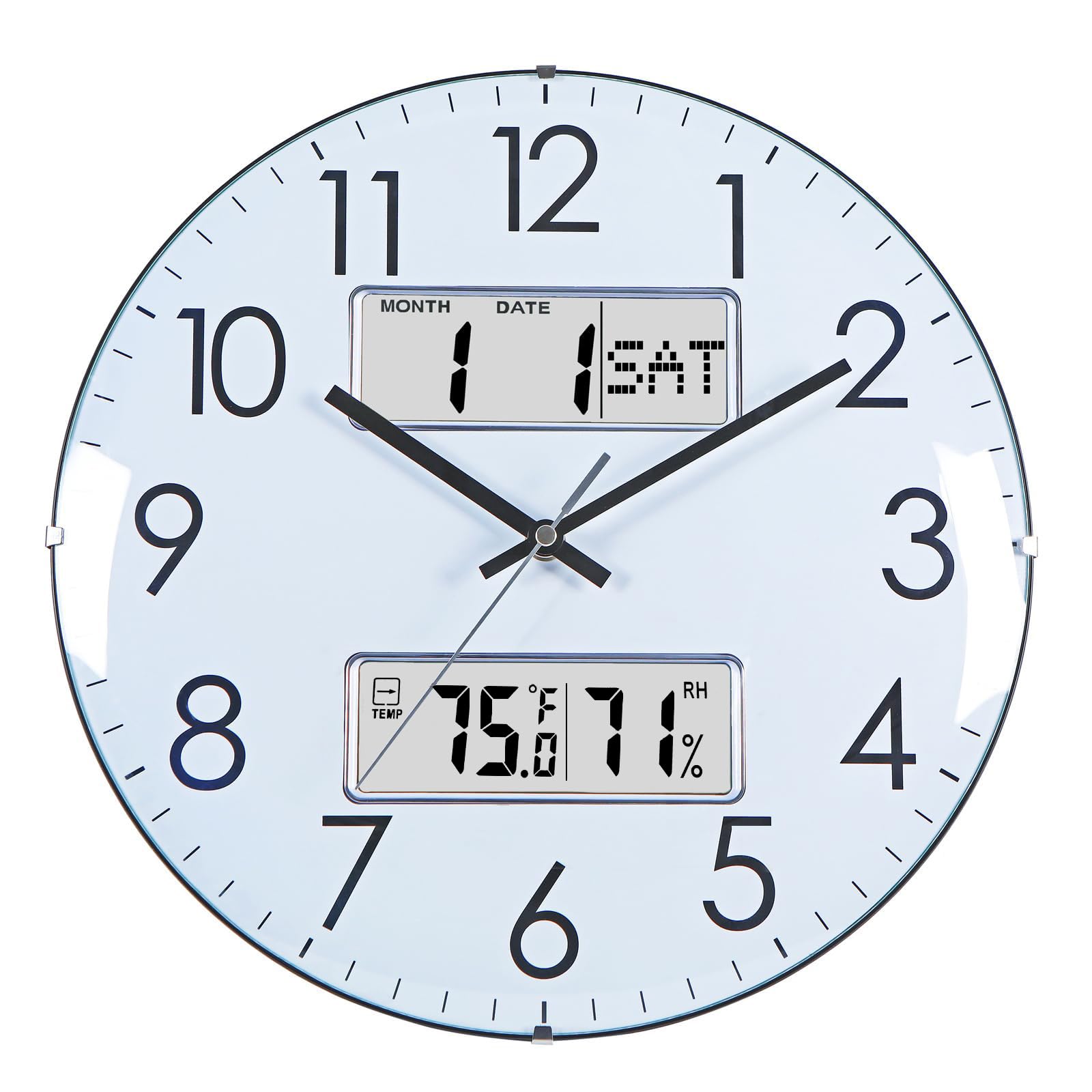 Nbdeal Orologio da parete analogico silenzioso da 33 cm con calendario temperatura e umidità (bianco)