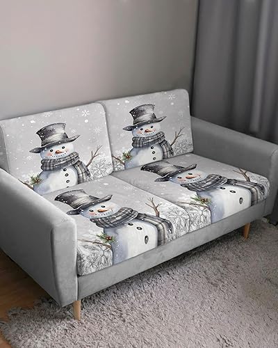 Miniatura 3 de Wowouhiya Grey Snowman Christmas Couch Cushion Covers, Stretch Sofa Cover with Elastic Bottom, Xmas Berry Winter Snowflake Sofa Slipcovers Protector