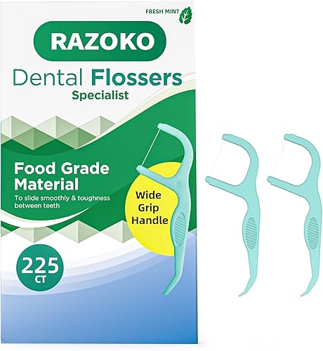 RAZOKO Palillos de hilo dental  Palillo de dientes, hilo resistente a las roturas, mango de fácil agarre, sabor a menta fresca, 75 unidades (paquete