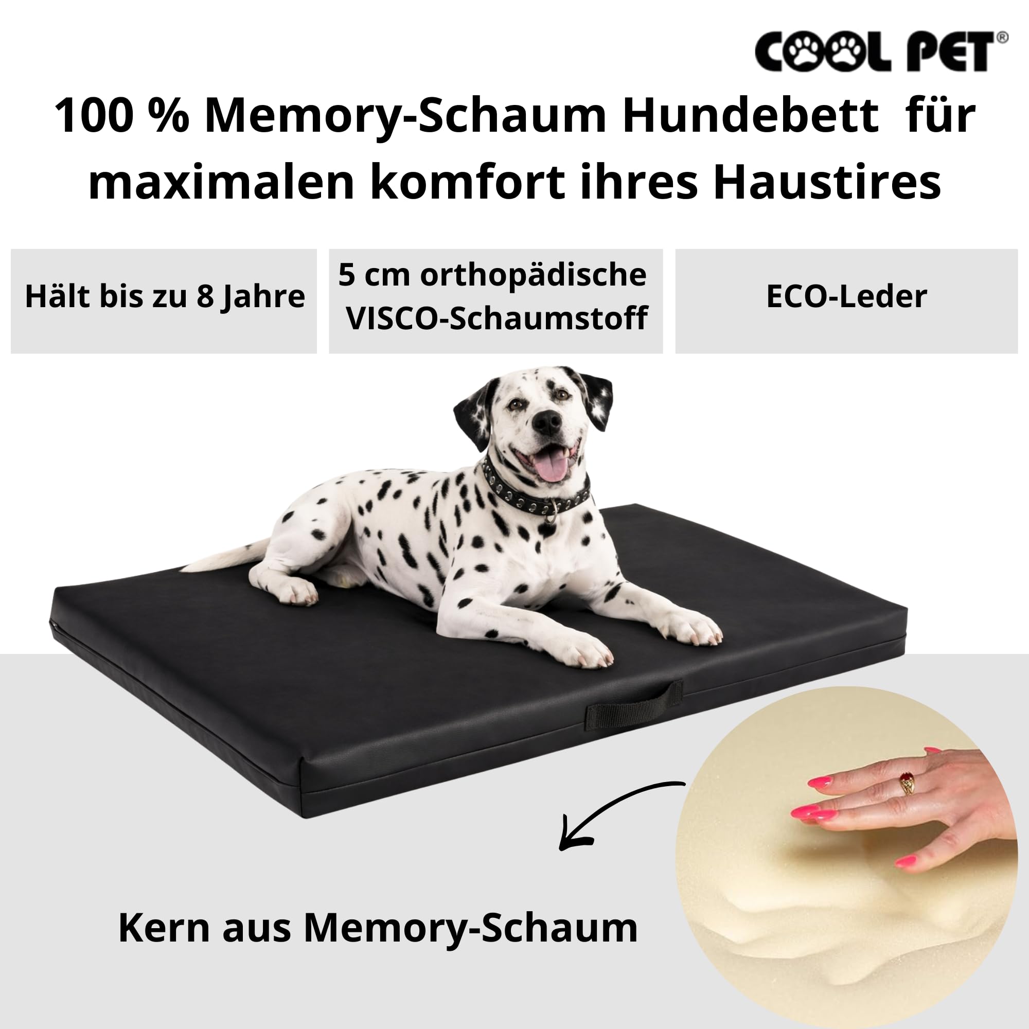 COOL PET Orthopädische Hundematratze, 138 × 88× 5 cm – VISCO-Schaumstoff (Memory-Schaum), strapazierfähiger Bezug aus hochwertigem Kunstleder mit wasserabweisendem PVC-Anstrich, Made in EU, Schwarz