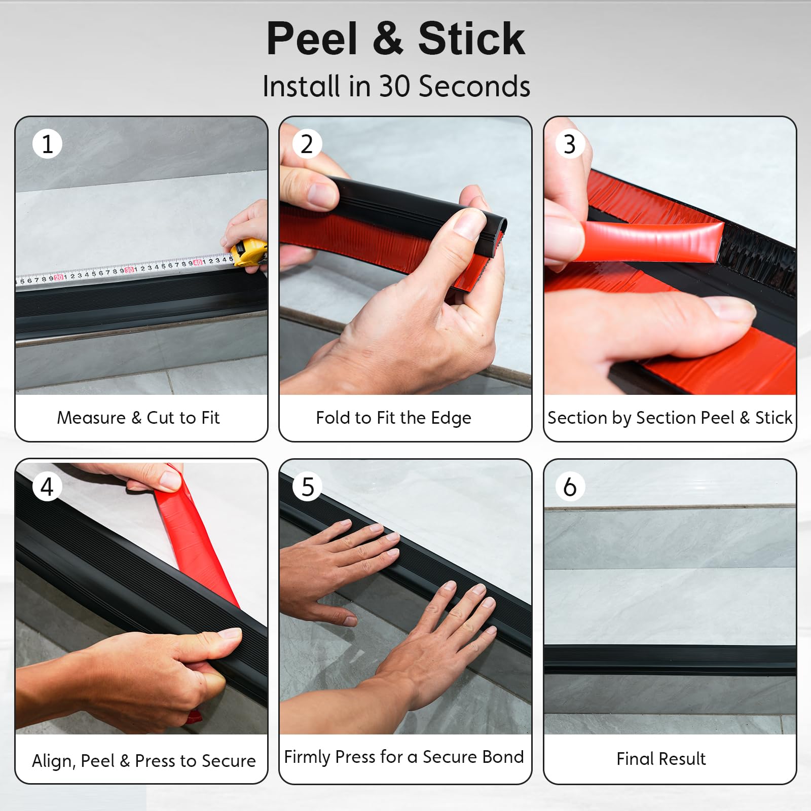 Protector de borde de escalera, 12 pies, autoadhesivo, negro, moldura de goma antideslizante para escalones de interior y exterior, protector impermeable en forma de L
