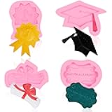 4 Pieces 2025 Graduation Silicone Fondant Mold Set, Graduation Cap, Diploma, Plaque Frame, Emblem Shaped Silicone Mold for DIY Decorations Cupcake Toppers Chocolate Candy Supplie