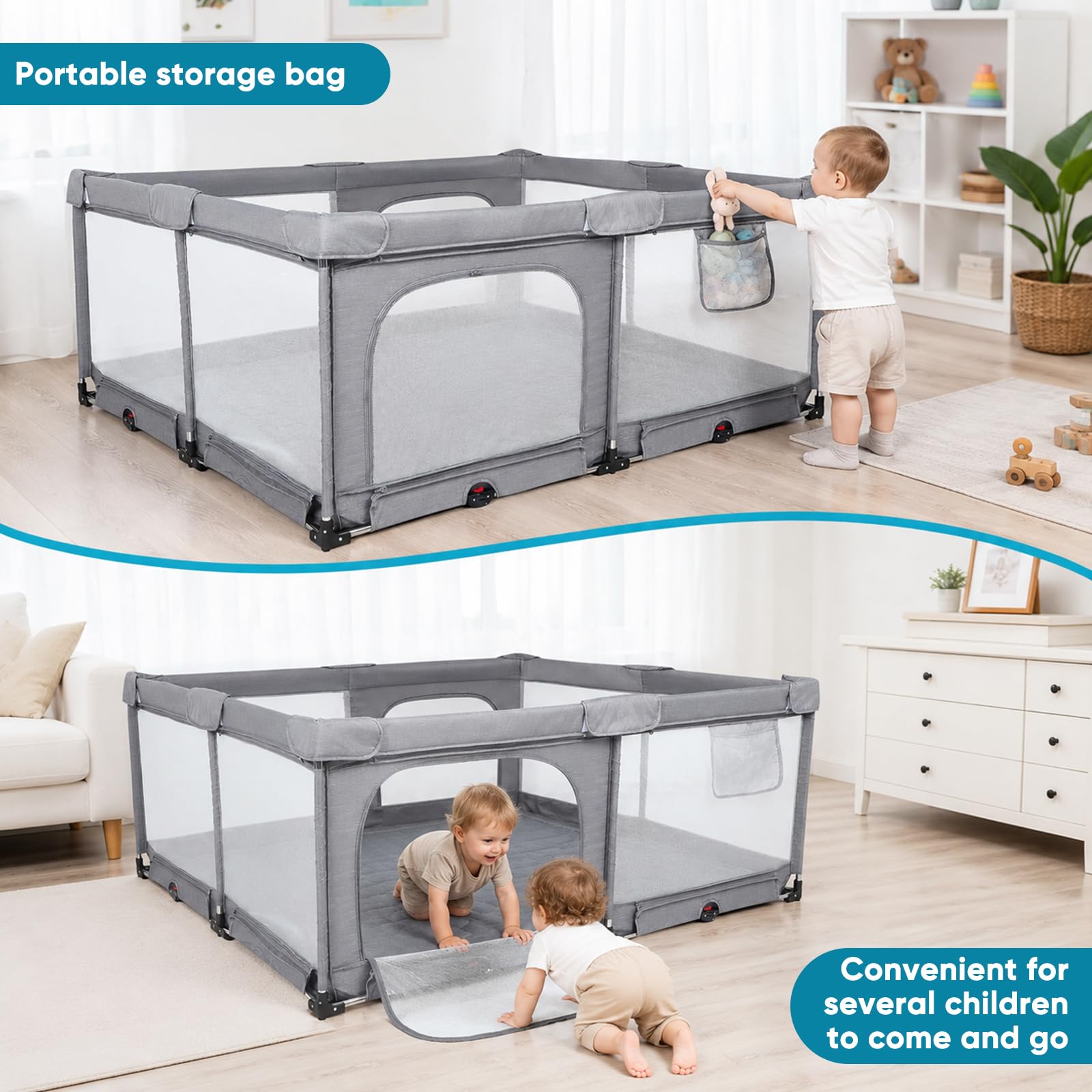 Parc pliable pour bébé 180 x 150 cm, 2 entrées latérales, filet, bords doux | Utilisable sans montage, parc intérieur et extérieur avec filet respirant et anneaux de traction