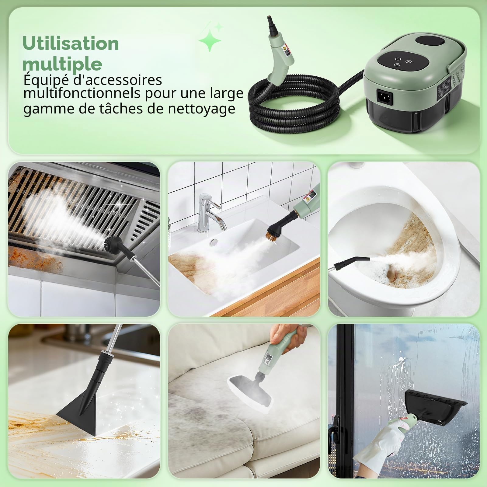 Nettoyeur Vapeur Haute Pression 2500W – Réservoir 1,1L – Pression 3 Bar & Vapeur à 105°C – Nettoyage Multisurface Sans Produit Chimique – 6 Réglages de Vapeur + 15 Accessoires