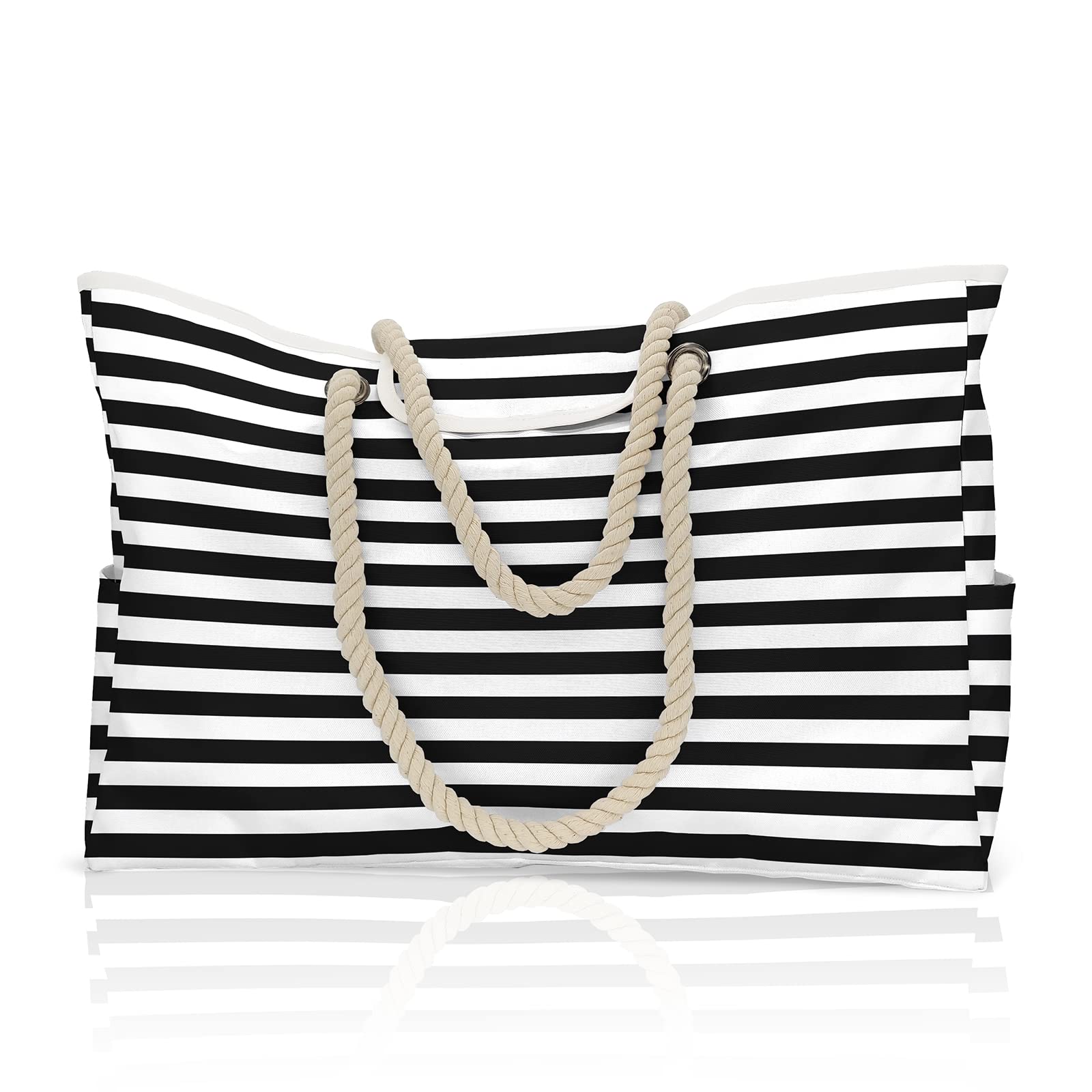 CORIOS Bolso de Playa Mujer Bolsa Playa Grande XXL Familiar Bolsa Piscina Bolso Shopper Impermeable Bolsos de Hombro Bolso Tote para Viajes Gimnasio Natación Vacaciones Playa Lineas Blancas y Negras