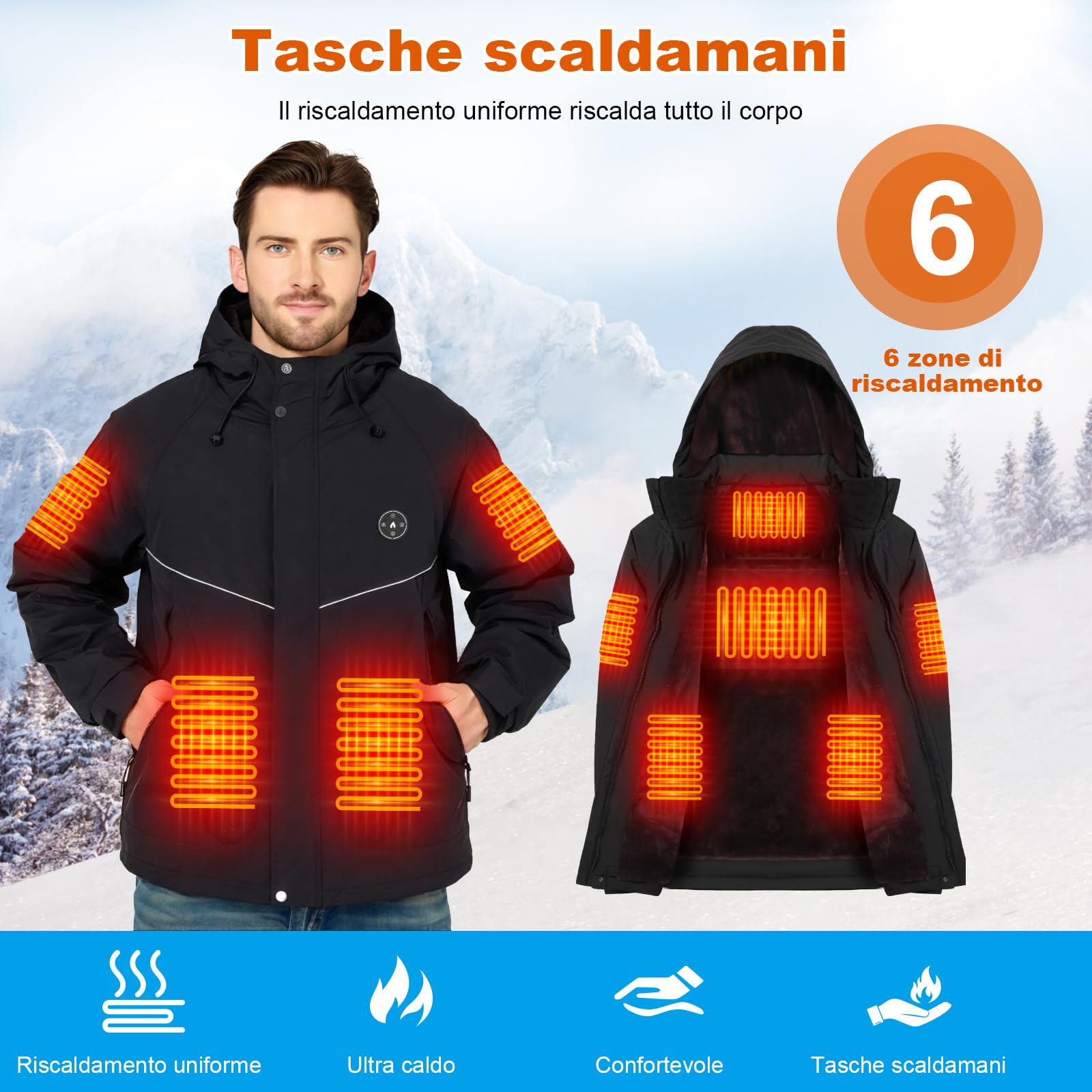 Giacca Riscaldata Uomo con Fodera In Pile E Bracciale, Batteria 20000mah 7.4v, 6 Zone Riscaldanti e 3 Livelli di Temperatura, Giubbotto Invernale Impermeabile Antivento per Sci e Caccia
