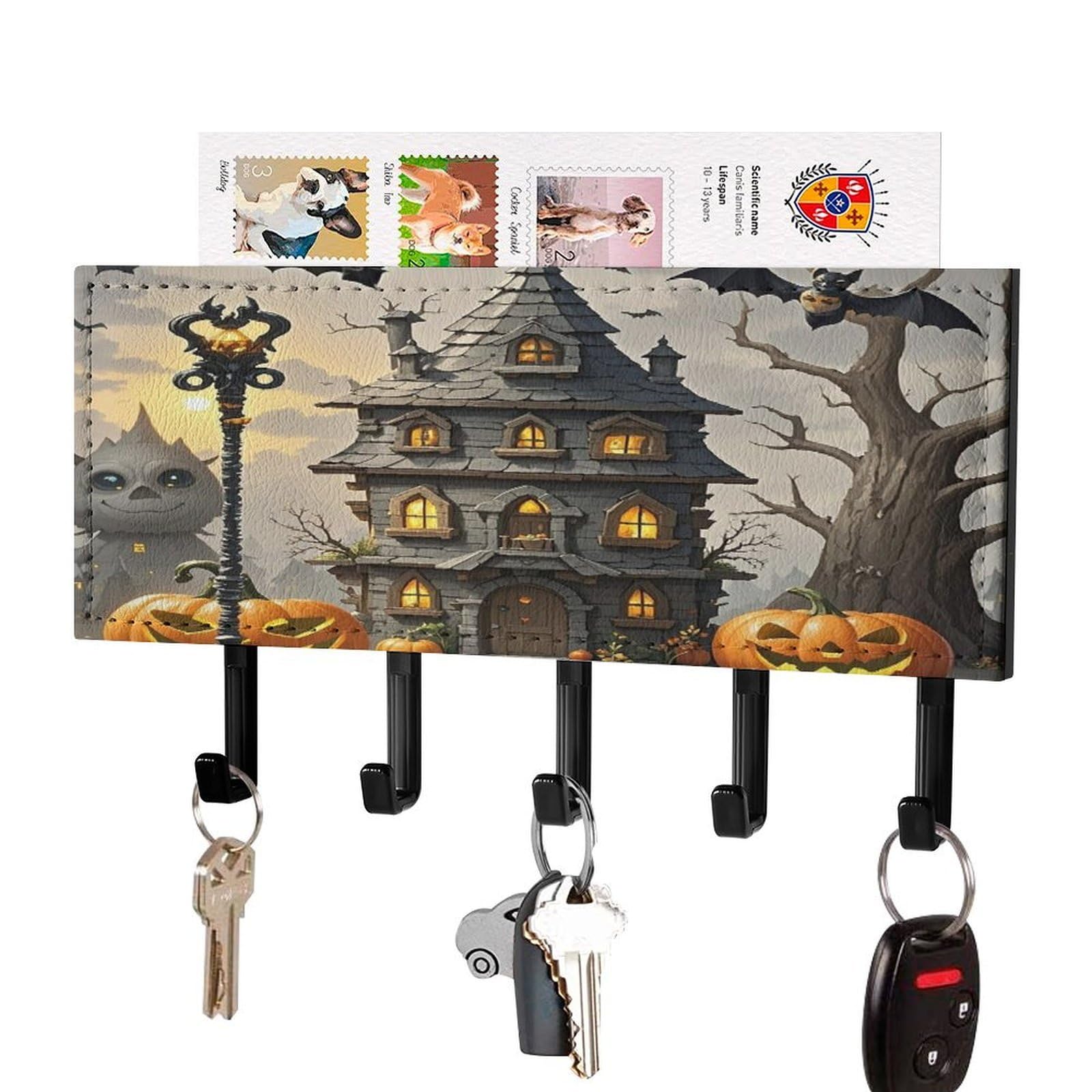 FekiLoot Pumpkin Haunted House Key Holder Wall Mount Key Hooks for Wall Decorative with 5 Hooks PU Mail Rack Organizer with Shelf for Entryway Mudroom Hallway Office 7.1X4.3 in