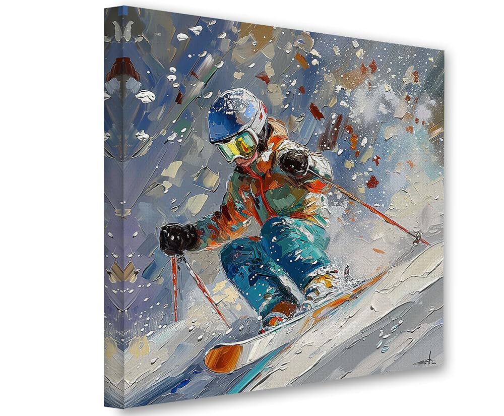 Shred Ski Art Abstract Painting 30x30 Canvas Poster – Skiing Action Winter Sports Print, Vibrant Scene, Dynamic Artistic Artwork for Cabin, Resort,