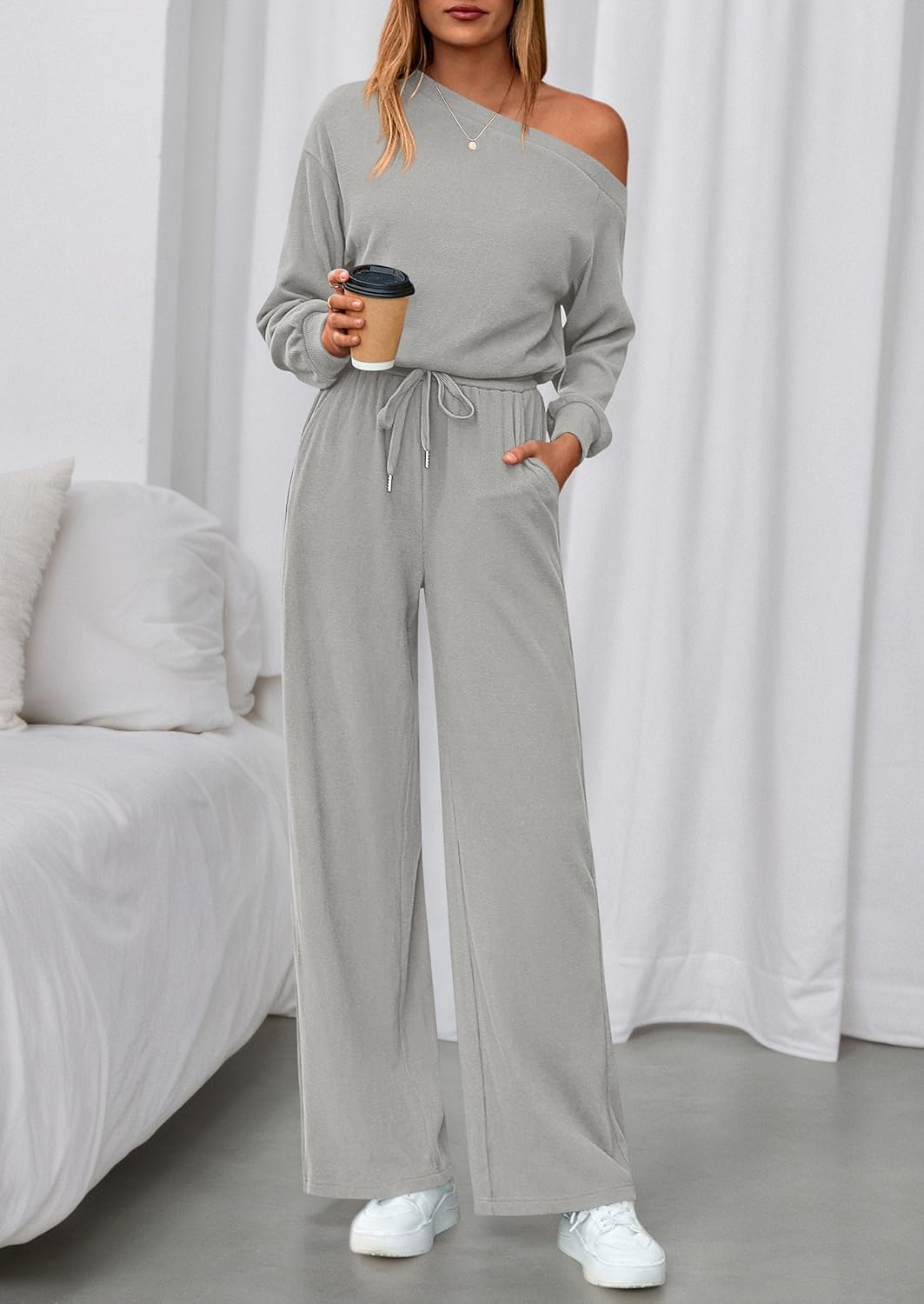 PRETTYGARDEN Long Sleeve Jumpsuit For Women Dressy 2026 Off Shoulder One Piece Loose Wide Leg Jumpsuits Casual Flowy Romper - Image 6