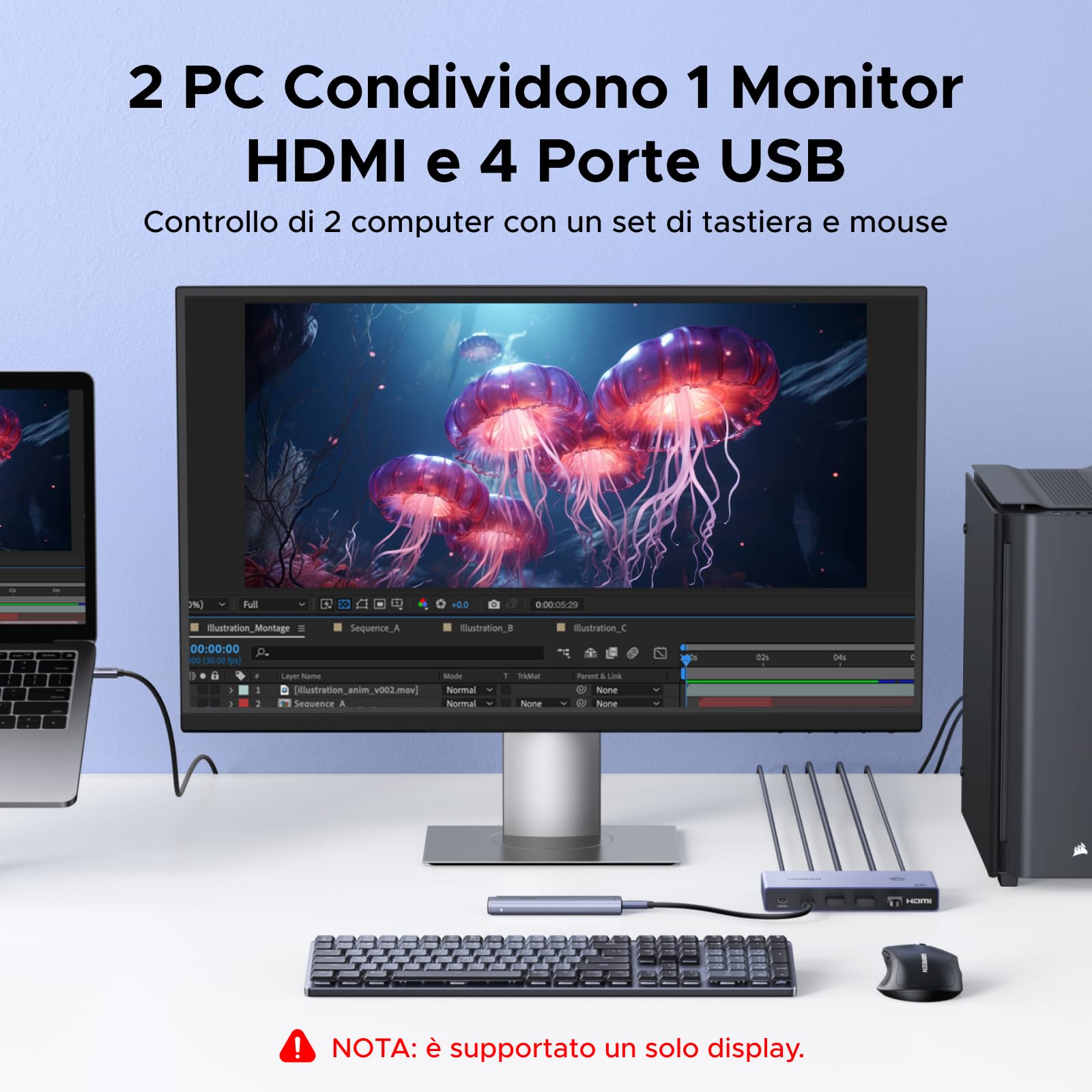 UGREEN KVM Switch HDMI USB C 4K 60Hz 2 Ingressi 1 Uscita con 4 Porte USB 3.0 3A1C 5Gbps Commutatore KVM Compatibile con MacBook PS5 Computer Host Steam Deck Cavo HDMI e Cavo USB-C Video Inclusi