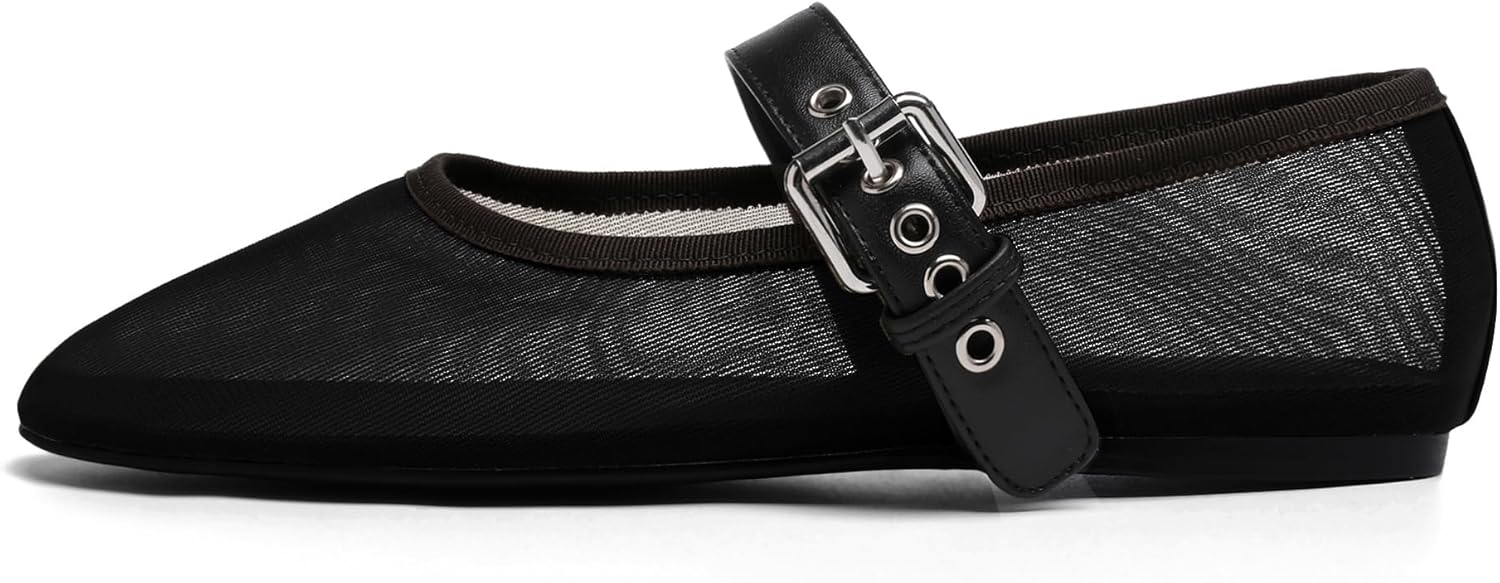 Mesh Ballet Flats for Women Buckle Strap Round Toe Mary Jane Flats Slip On Comfortable Casual Dress Ballerina Shoes