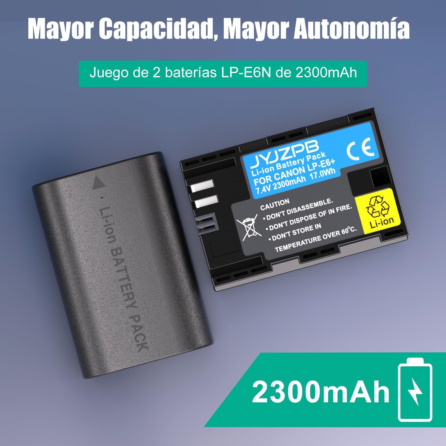 JYJZPB 2X LP-E6 LP-E6N Baterías de Repuesto 2300mAh y Cargador de Batería para Canon LP-E6, Compatibles con Canon EOS 5D Mark II, III, IV, 5DS, 5DS R, 60D, 6D Mark II, 7D, 7D Mark II, 70D, 80D, R5, R6