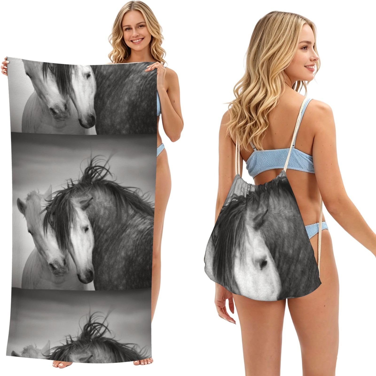 Poadnly As Picture Horses, 2 In 1 Packable Towel Bag, Beach Towels With Drawstring Backpack For Travel Holiday Camping
