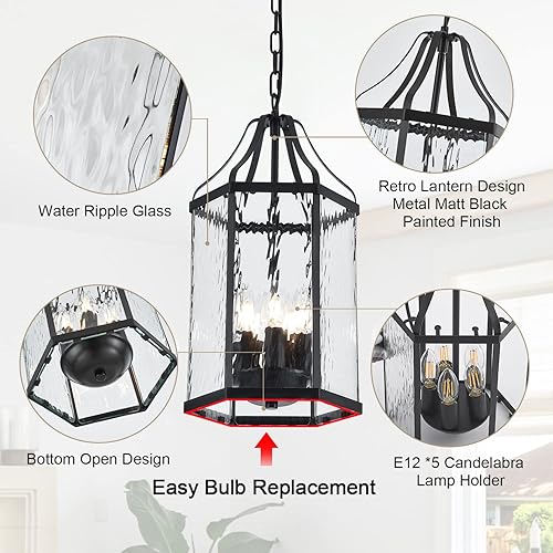Miniatura 8 de lighceac Lámpara colgante moderna de 5 luces para exteriores de 10 pulgadas con vidrio ondulado transparente, mini lámpara colgante industrial para