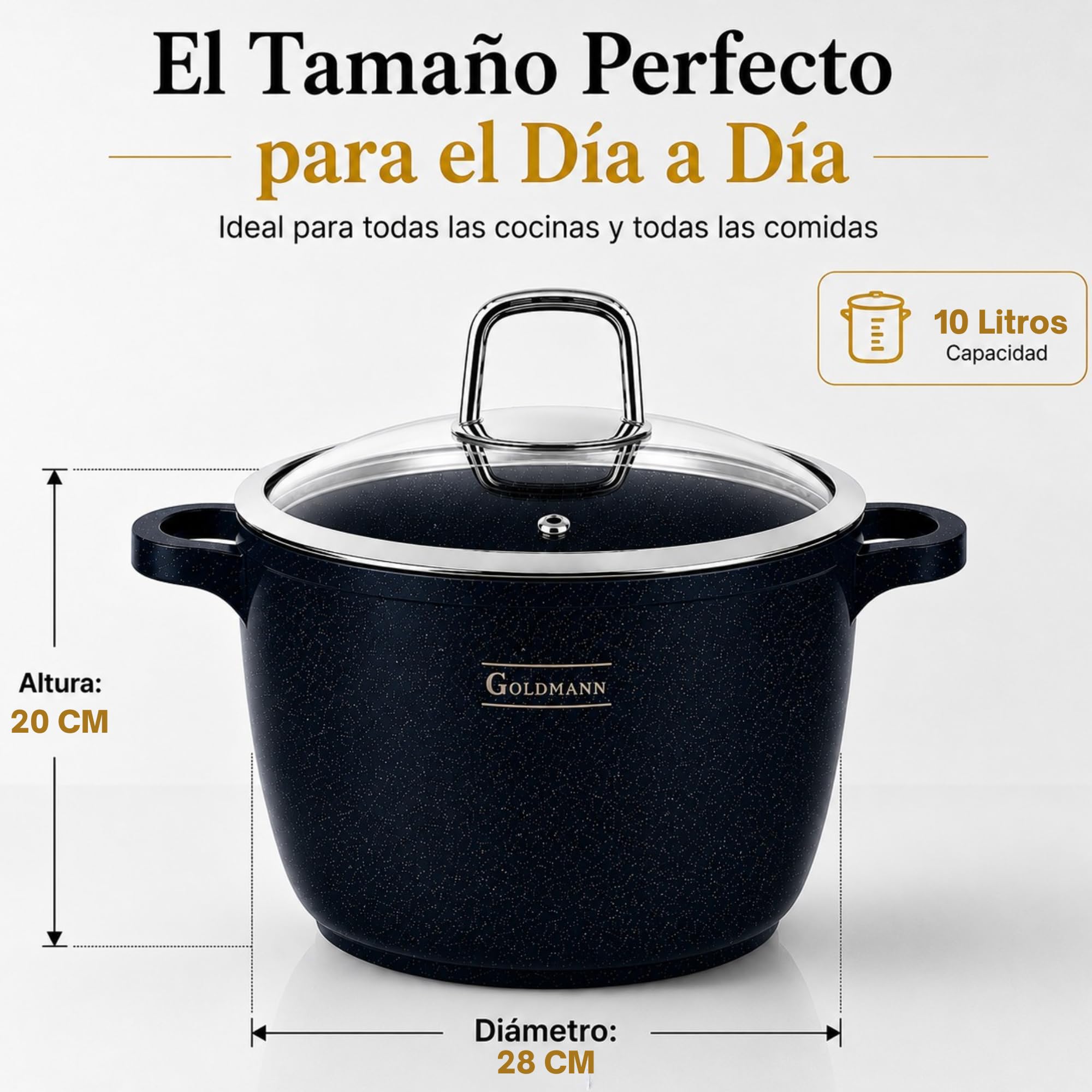 GOLDMANN olla aluminio fundido de 28 cm y 10 L, con revestimiento antiadherente de mármol cerámico, tapa de vidrio, apta para inducción y todo tipo de cocinas, apta para horno y libre de PFOA