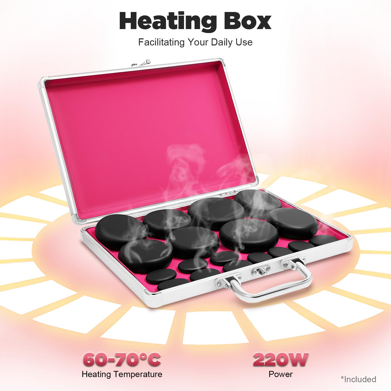Juego de piedras calientes de basalto (16 piezas) con caja de calor para masaje corporal (incluye piedra caliente)