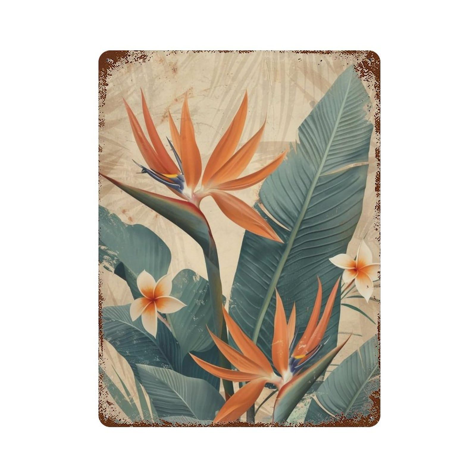 WIHYRTUI Textured Aged Ochre Tropical Bird of Paradise Foliage Vista 04 Wall Retro Iron Metal Tin Sign Vintage Art Poster Modern Home Cofffee Club Art Bar Shop Decor Style 40x30cm