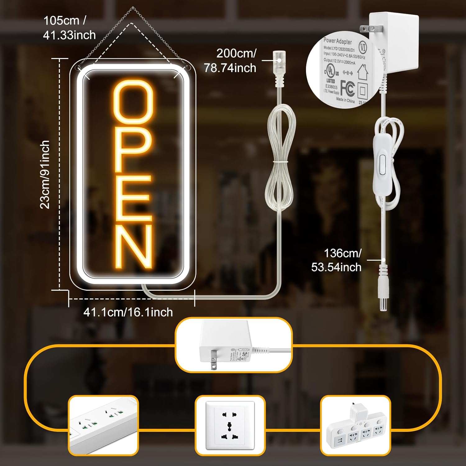 inShareplus 16"x 9" Super Bright Open Sign,12V LED Neon Open Signs for Business for Window, with ON/OFF Switch, Electric Light up Signs for Stores, Restaurants Retail Shops (Yellow-White-Vertical) - Image 6