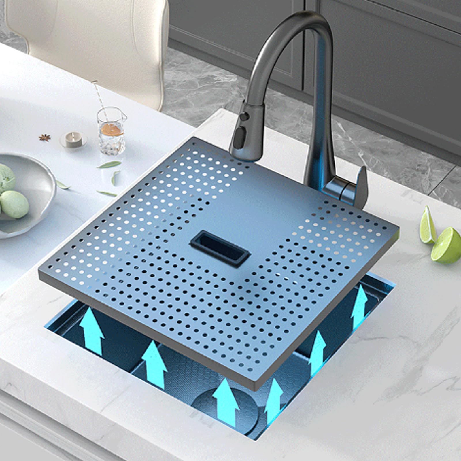 Schwarze Barspüle, Edelstahlspüle mit Abdeckung, Untertischspüle, Küche, Einzelbecken, schwarzer ausziehbarer Wasserhahn (schwarz, 50 x 40 x 22 cm)