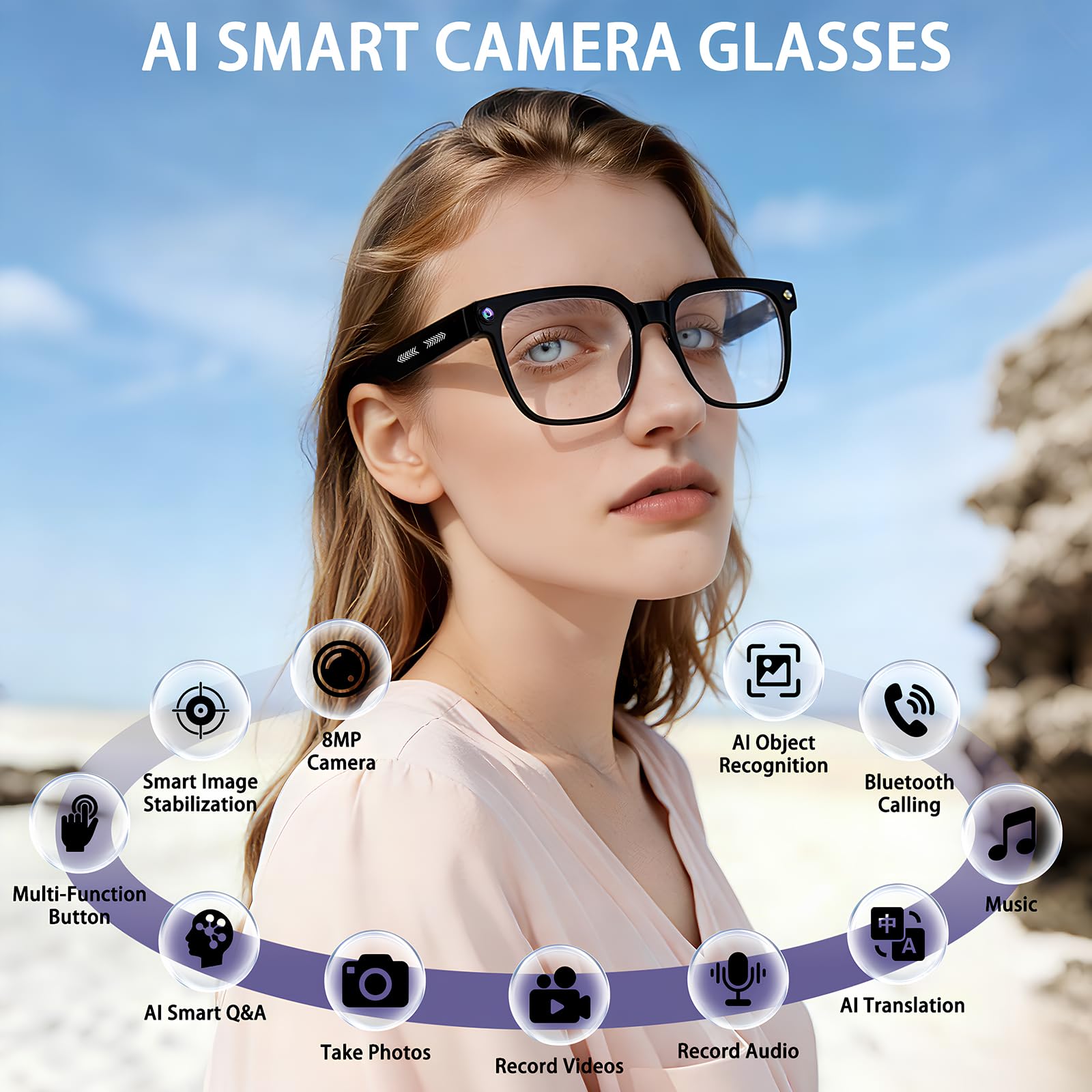 Lunettes Connectées avec 8MP Lunette Camera, 1080p Lunette Traductrice Lunettes IA Lunette Intelligente avec Verres Photochromiques, Musique Bluetooth, Stant Vocal et Vidéo