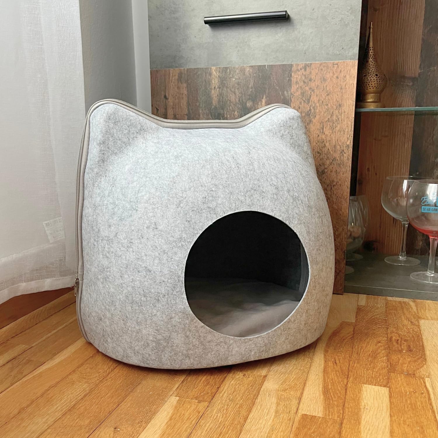 Cama Cueva Gato de Fieltro con Cremallera y Cojín Suave. Cama para Perros Pequeños. Cama para Gatos. 40x40x40 CM. Cat Bed.